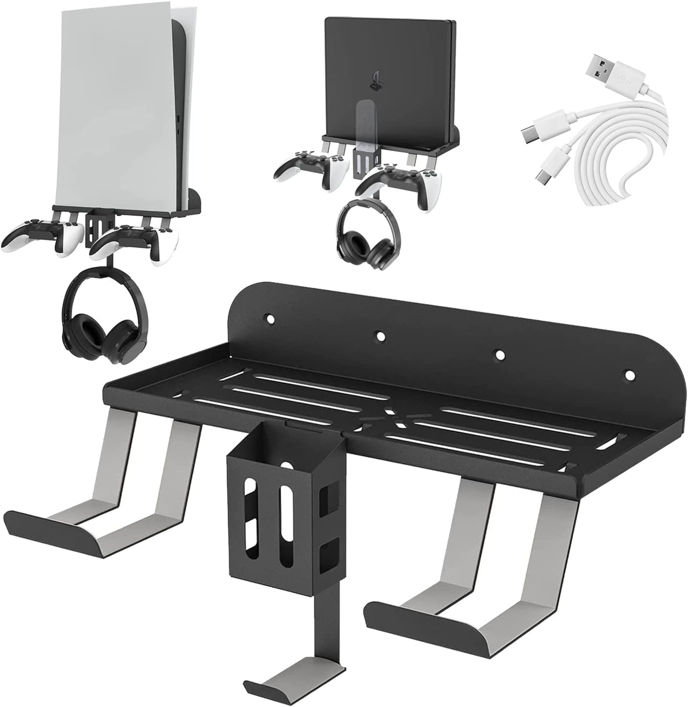 TOPAD Pa5 Wall Mount Kit ith Charging, 6-in-1 PlayStation 5 (Disc & Digital) Metal Wall Stand with Data Charging Cable/Controller Hanging Bracket/Remote Box/Headset Hanger, w/Non-Slip Mat Black